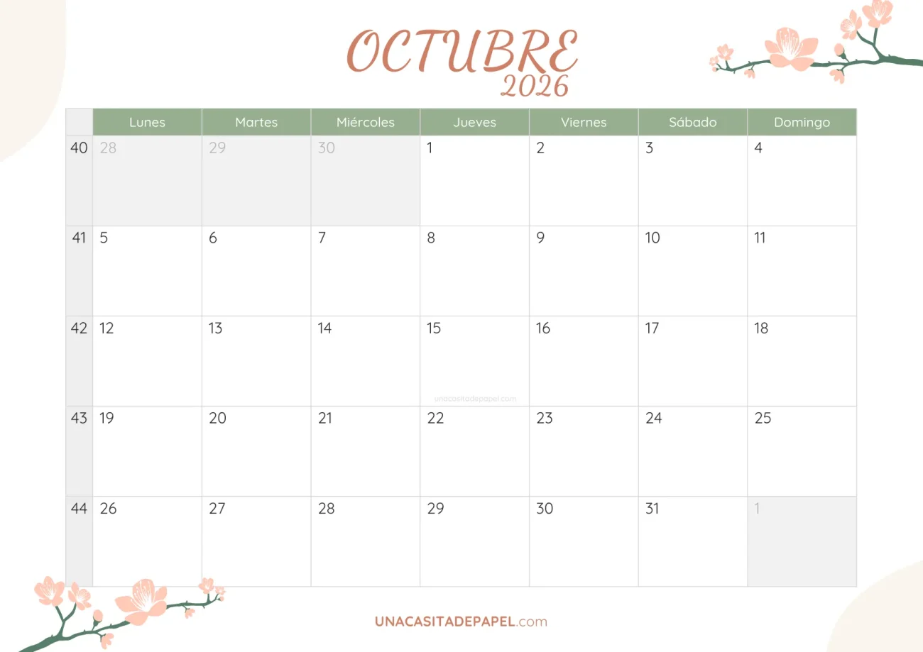 calendario octubre 2026 floral bonito