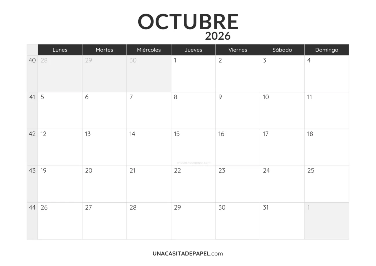 calendario octubre 2026 minimalista imprimible