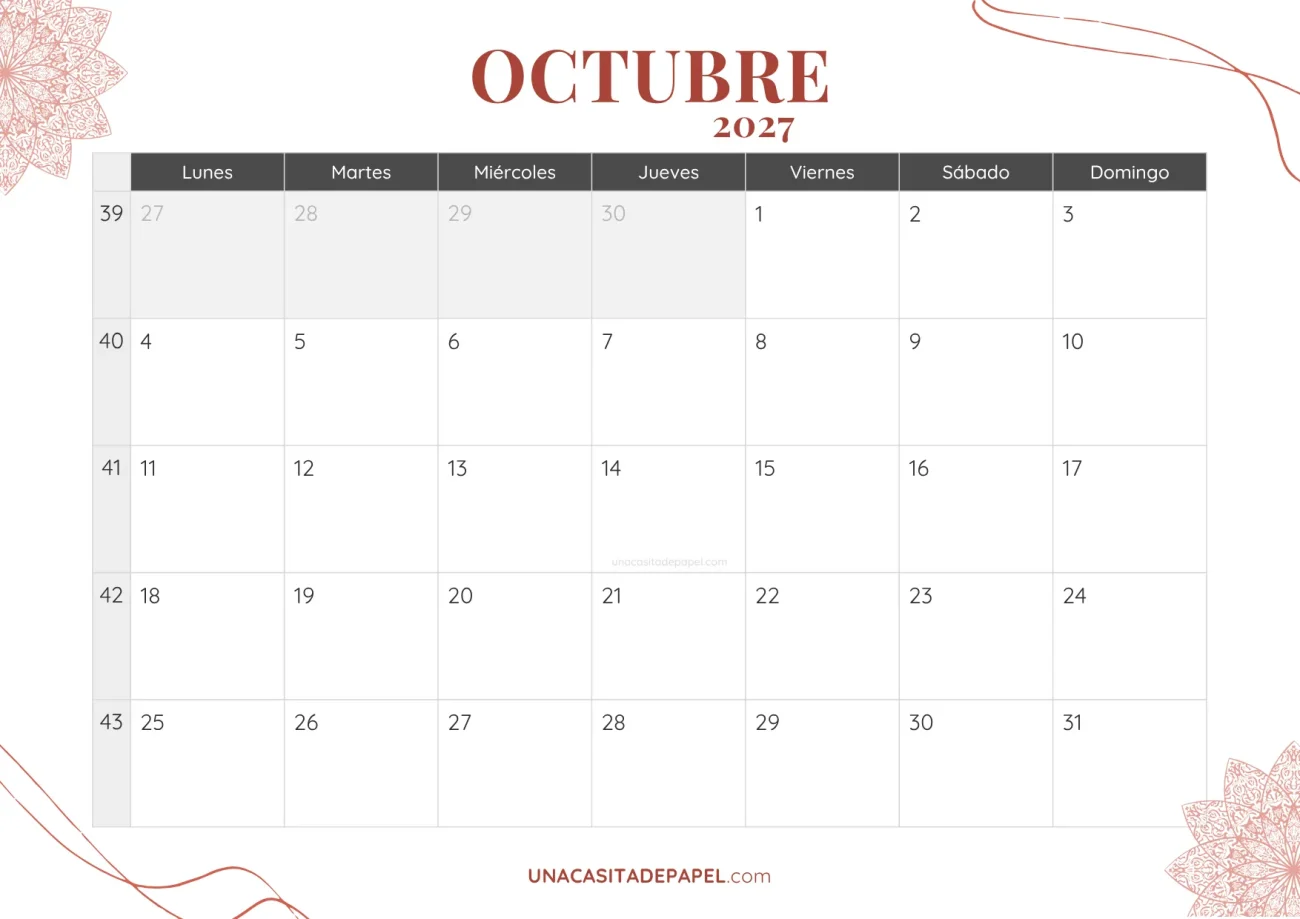 calendario octubre 2027 bohemio mensual