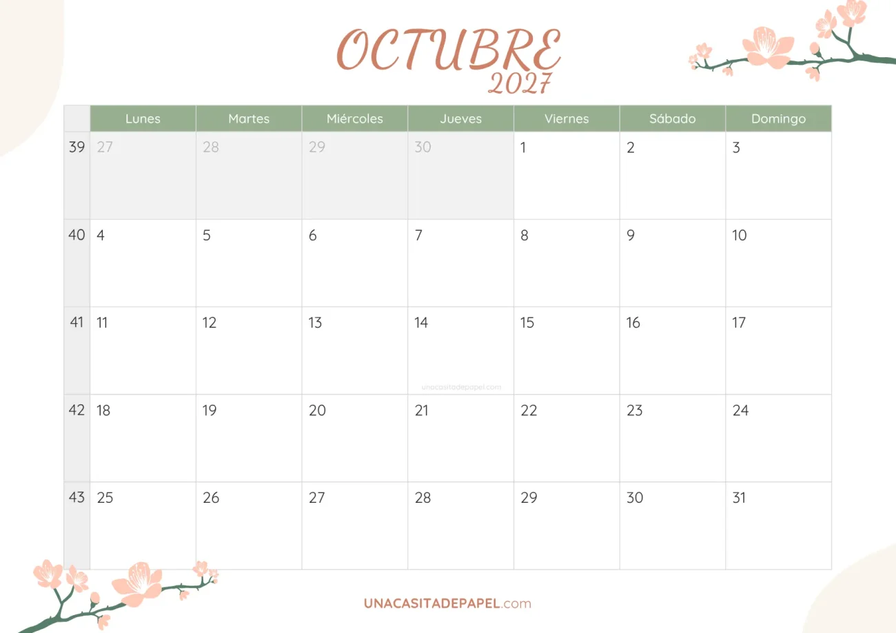 calendario octubre 2027 floral bonito