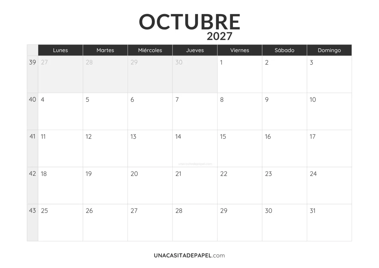 calendario octubre 2027 minimalista imprimible