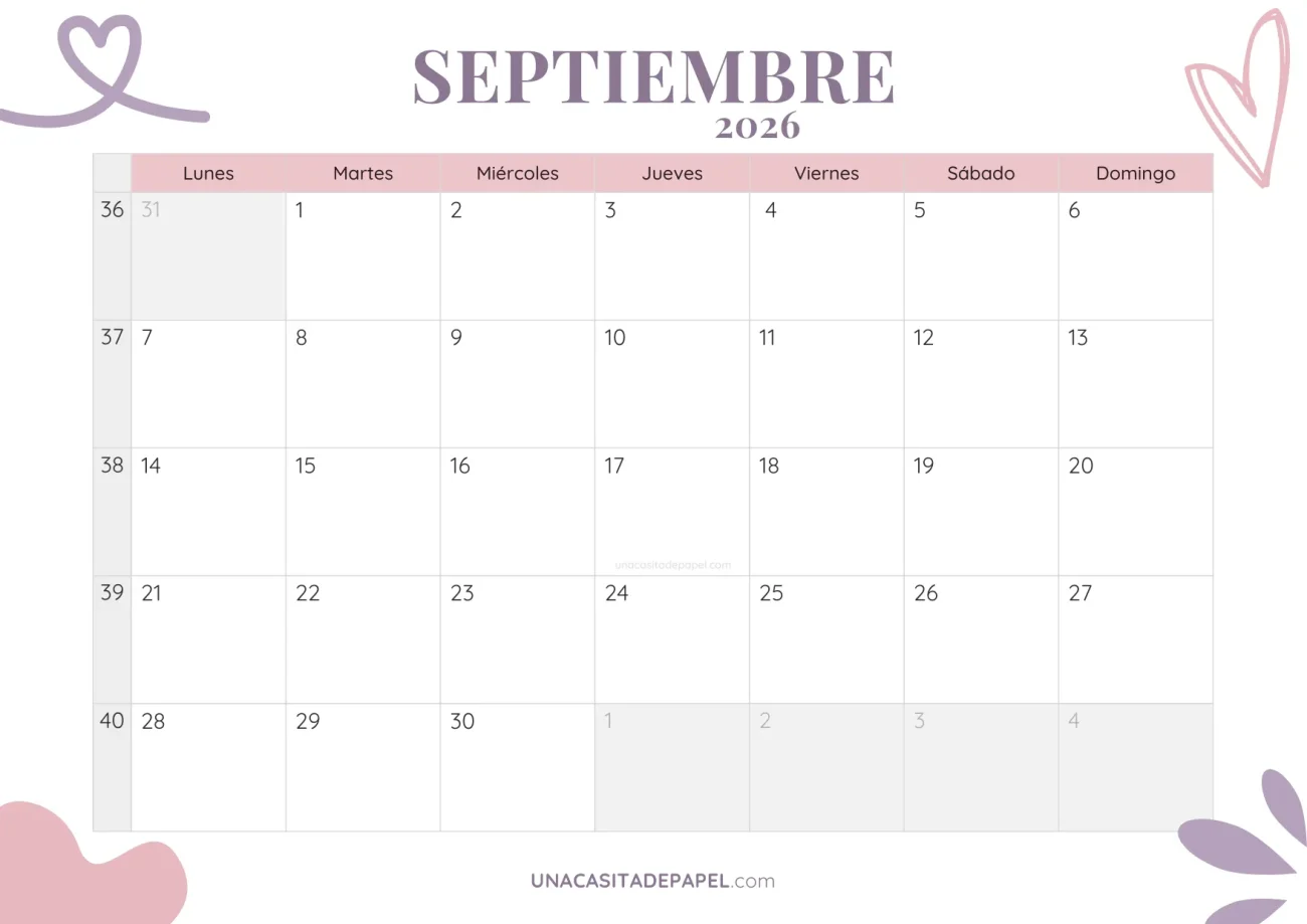calendario septiembre 2026 aesthetic gratis