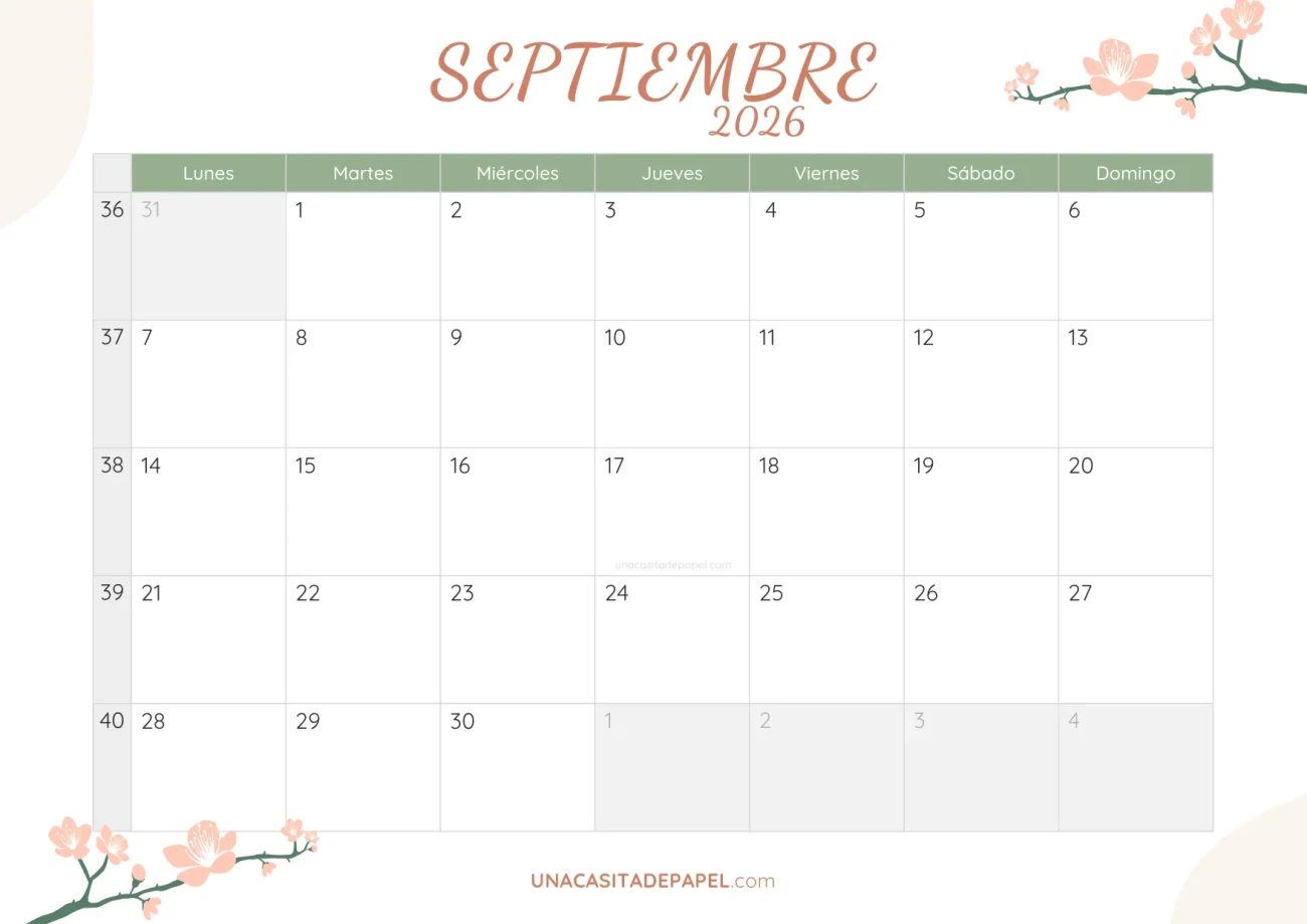 calendario septiembre 2026 floral bonito