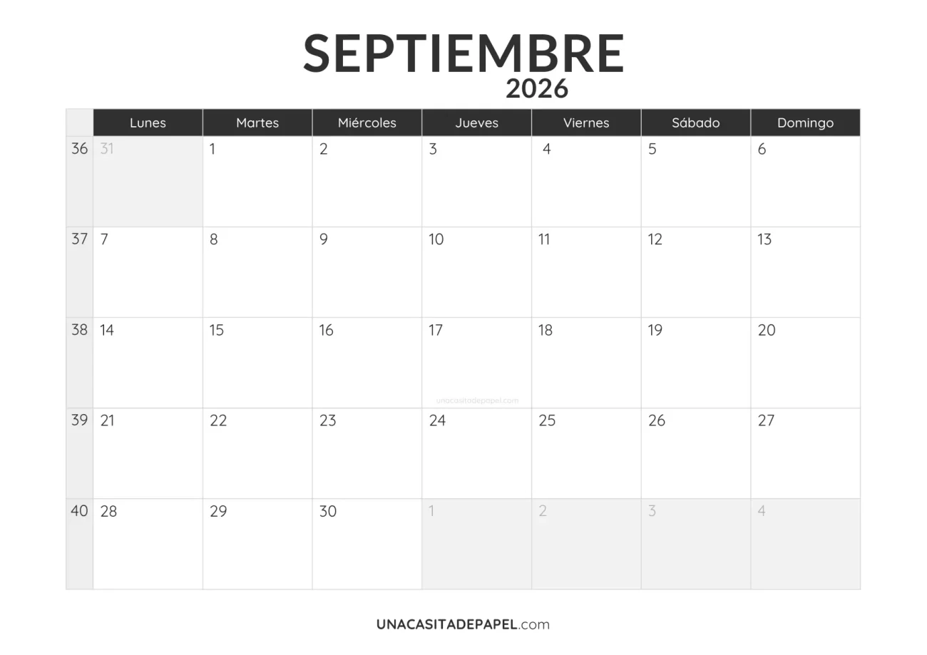 calendario septiembre 2026 minimalista imprimible