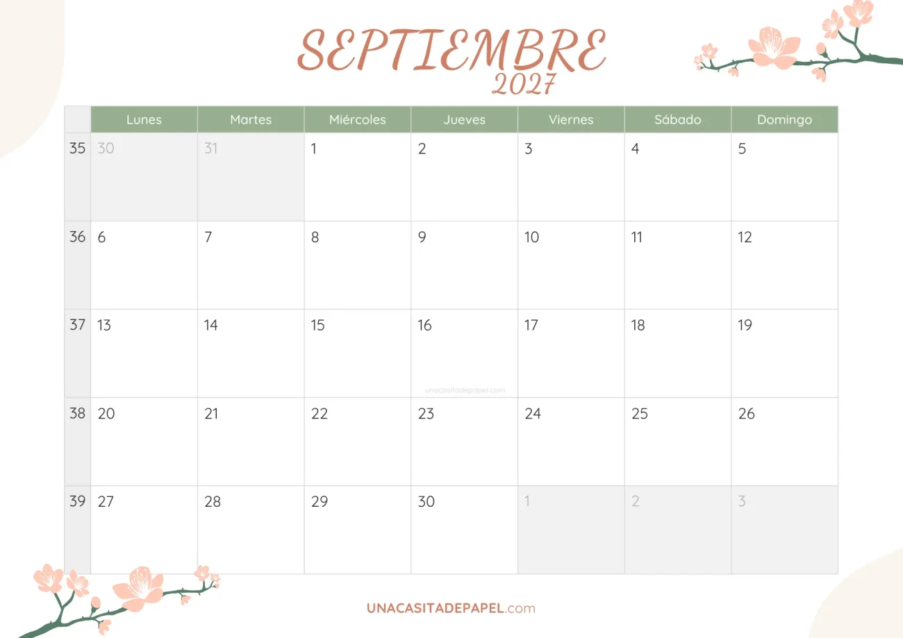 calendario septiembre 2027 floral bonito