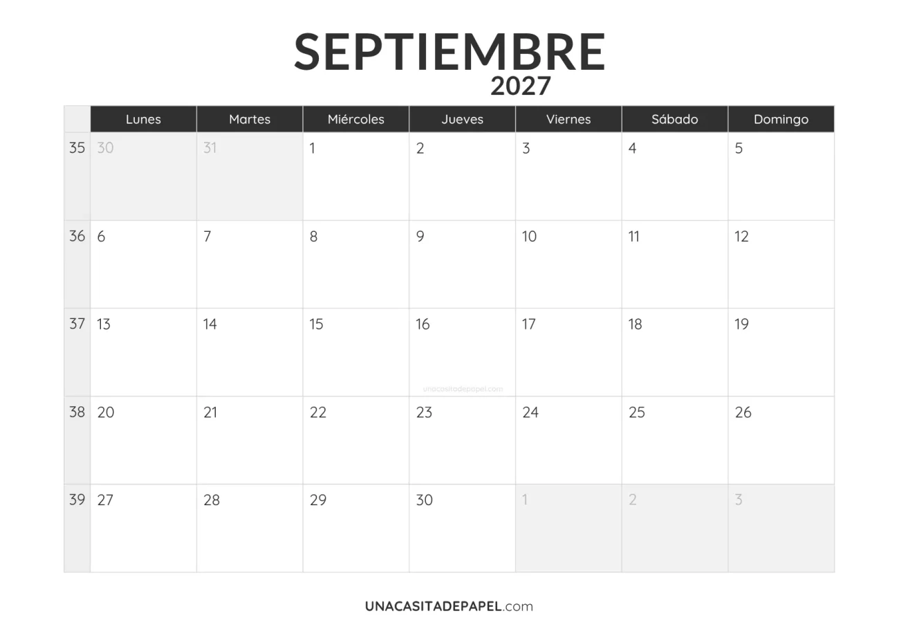 calendario septiembre 2027 minimalista imprimible